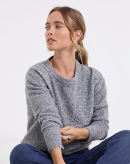 Simply Be Brushed Yarn Charcoal Diamante Bow Fluffy Jumper