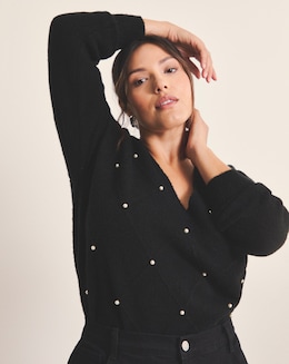 Simply Be Black V-Neck Pearl Cable Knit Jumper