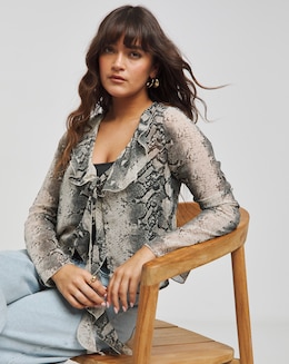 Snake Print Sheer Ruffle Blouse - Image