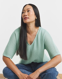 Cut And Sew Half Sleeve V Neck Tee - Image