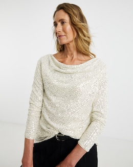 Sequin Slash Cowl Neck Long Sleeve Top - Image