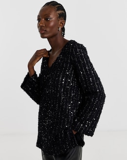 Fluffy Sequin V-Neck Longline Top - Image