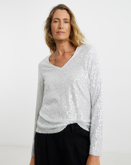 Sequin V-Neck Flare Sleeve Top - Image
