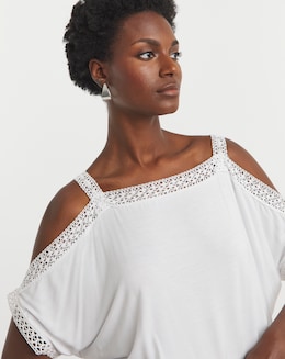 Crochet Trim Cold Shoulder Top - Image