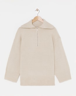 Oatmeal Zip Neck Longline Jumper - Image