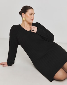 Simply Be Black Rib Flute Sleeve V Neck Mini Dress