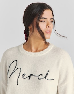 Simply Be Cream Merci Slogan Embroidered Knitted Jumper
