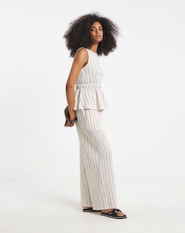 Ivory Stripe Waffle Wide Leg Trouser - Image