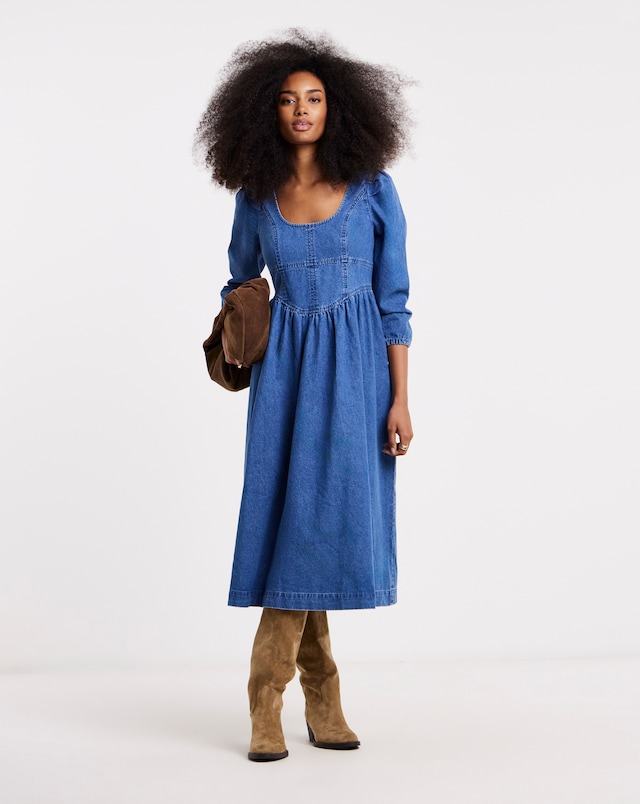 Simply Be Mid Wash Cut Work Mini Denim Smock Dress | JD Williams