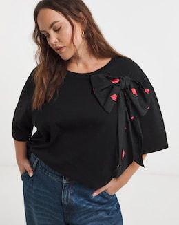 Simply Be Lips Print Satin Bow T-Shirt - Image
