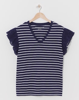 Plisse & Broderie Sleeve V Neck Top - Image