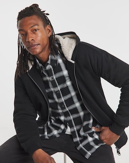 Borg Lined Full Zip Hoodie - Black - Image