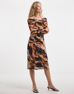 Mesh Rushed Bardot Dress - Image