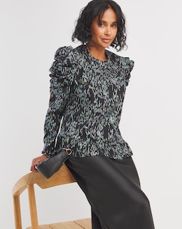 Multi Print Ruched Sleeve Top