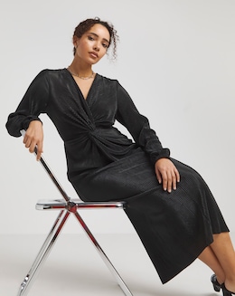 Black Plisse Twist Front Midi Dress - Image