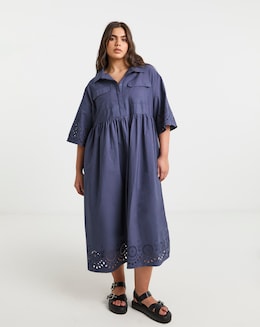 Blue Broderie Detail Shirt Dress - Image