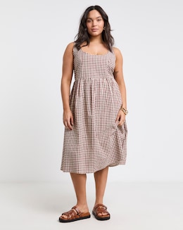 Simply Be Brown/Ecru Gingham Apron Dress - Image