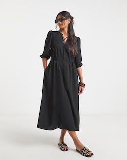 Cinched Waist Midi Dress With Pockets - Image