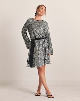 Simply Be Silver Sequin Skater Dress With Contrast Belt