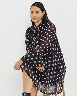 Simply Be Spot Print Swing Dress With Neck Tie Detail