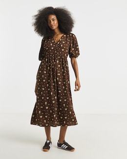 Simply Be Chocolate and Buttermilk Floral Print Button Through Midi Dress