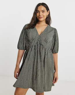 Simply Be Black Stripe Waffle Waist Detail Skater Dress