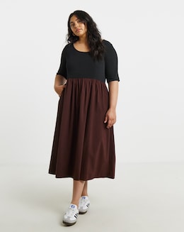 Jersey Woven Mix Midi Dress - Image