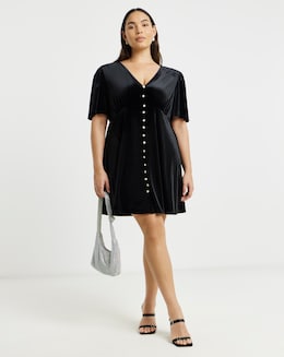 Simply Be Black Button Through Velour Skater Dress