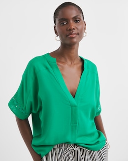 Crochet Trim Linen Mix Tunic Top - Image