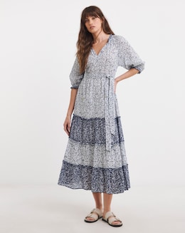 Mixed Print Tiered Hem Waisted Dress - Image