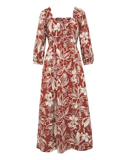 Linen Mix Sun Dress With Puff Sleeves - Image