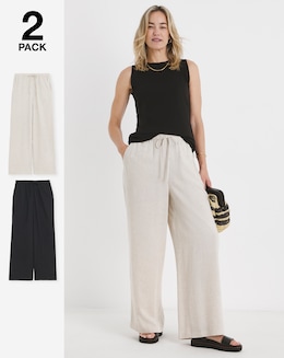 2 Pack Linen Wide Leg Trousers - Image