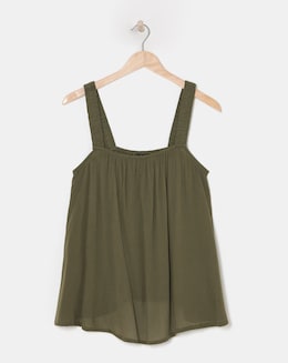 Khaki Crinkle Ruched Strap Cami - Image