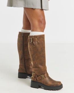 Stacey Chunky Biker Knee High Boots - Wide Fit (E) & Curvy Calf