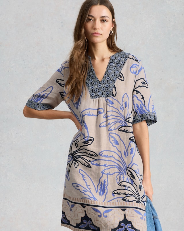 knee length dresses for ladies White Stuff June Linen Printed Notch Neck Dress in Natural Multi main image 1