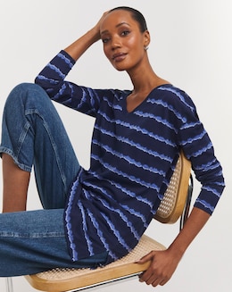 Blue Stripe V Neck Longline Top - Image
