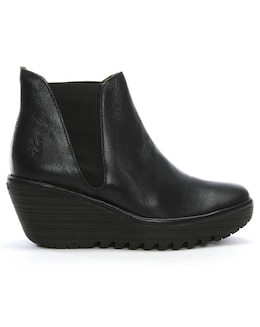 Fly London Woss Black Leather Wedge Ankle Boots