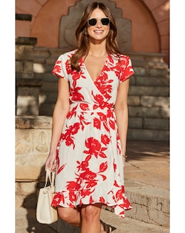 Floral Printed Linen Wrap Dress - Image