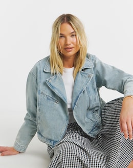 Light Wash Denim Biker Jacket - Image