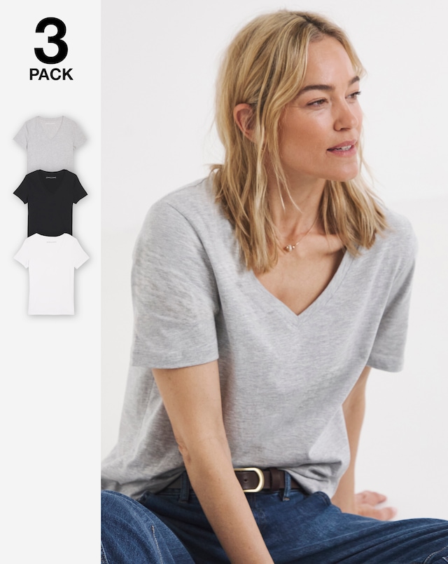 Black, White And Grey Pure Cotton Three Pack V Neck Short Sleeve T-Shirt