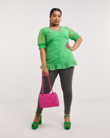 Green Dobby Button Through Blouse with Frill Detailing
