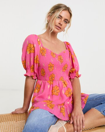 Foil Print Floral Sweetheart Shirred Peplum Top with Frill Detailing