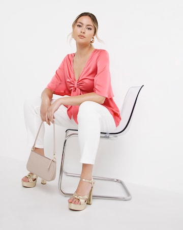 Coral Satin Knot Front Angel Sleeve Blouse