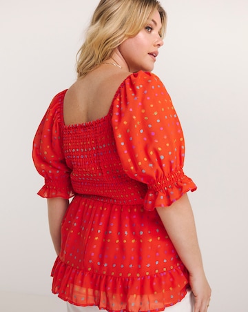 Tomato Red Sweetheart Neck Shirred Peplum Top with Rainbow Foil