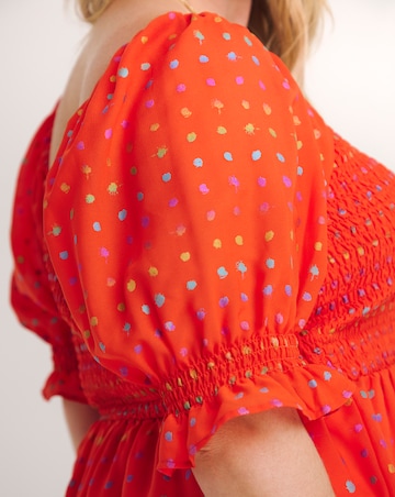 Tomato Red Sweetheart Neck Shirred Peplum Top with Rainbow Foil