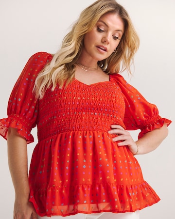 Tomato Red Sweetheart Neck Shirred Peplum Top with Rainbow Foil