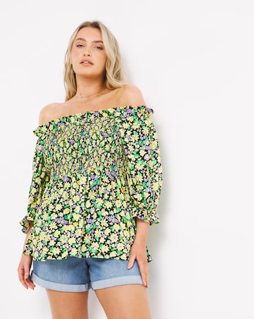 Yellow Floral Bardot Shirred Peplum Top