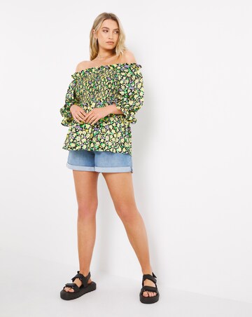 Yellow Floral Bardot Shirred Peplum Top