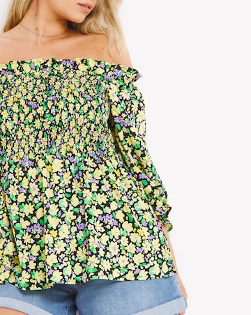 Yellow Floral Bardot Shirred Peplum Top
