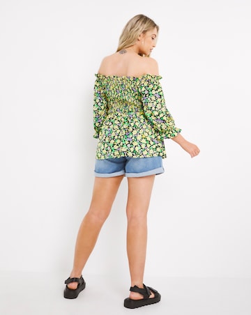 Yellow Floral Bardot Shirred Peplum Top